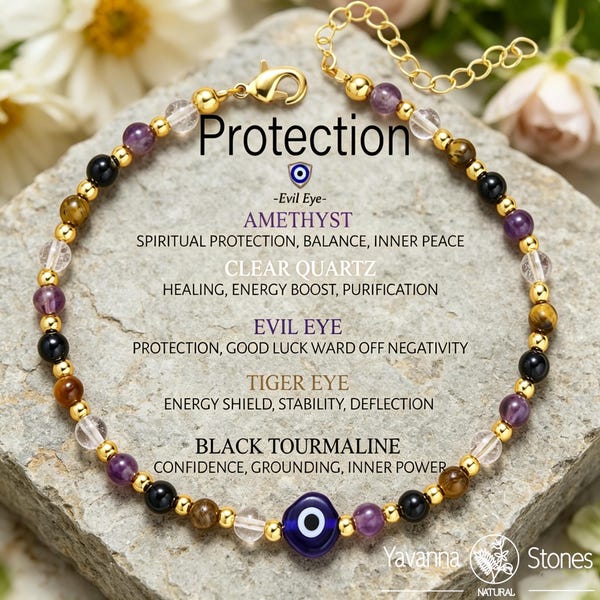Evil Eye Zierliches Schutz Armband - Bergkristall, Amethyst, Tigerauge, Schwarzer Turmalin