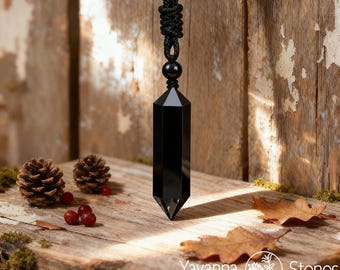 Black Obsidian Double Point Pendant, Hexagonal Crystal Amulet