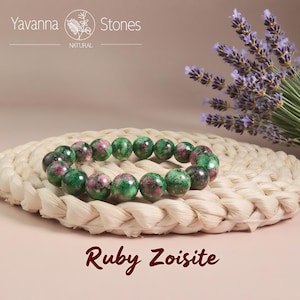 Ruby Zoisite Crystal Bracelet, 8mm Green Gemstone Stretch Bracelet, Natural Anyolite Healing Crystal Bracelet, Ruby In Zoisite Bracel