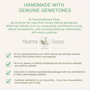 May include: Cream-colored graphic with the text "HANDMADE WITH GENUINE GEMSTONES" and "Yavanna Stones." The text describes the shop's commitment to quality, ethical sourcing, and customer satisfaction. Checkmarks highlight key points.