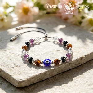 Evil Eye Protection Bracelet – Clear Quartz, Amethyst, Tiger Eye, Black Tourmaline image 10