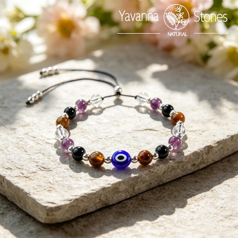 Evil Eye Protection Bracelet – Clear Quartz, Amethyst, Tiger Eye, Black Tourmaline image 10