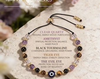 Evil Eye Protection Bracelet – Clear Quartz, Amethyst, Tiger Eye, Black Tourmaline