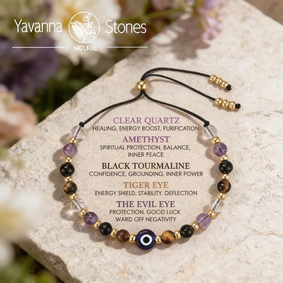 Evil Eye Protection Bracelet – Clear Quartz, Amethyst, Tiger Eye, Black Tourmaline