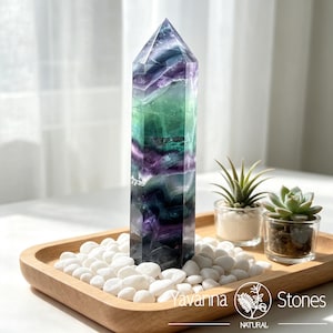 May include: A tall, polished fluorite crystal tower featuring distinct bands of deep purple, emerald green, and translucent white. The hexagonal point stands upright among smooth white river stones on a light wooden tray with two small potted succulents.