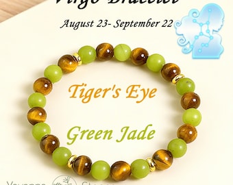 Bracciale con pietra portafortuna della Vergine, giada verde, pietra preziosa occhio di tigre