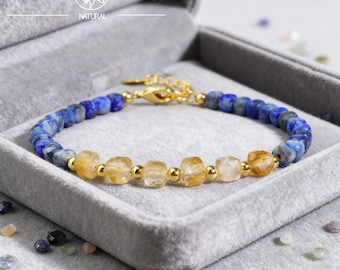 Lapis Lazuli & Citrine Bracelet, Tiny Blue Crystal Gemstone Dainty Jewelry, November Birthstone Men's Gifts
