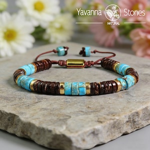 Sea Sediment Jasper Bracelet, Coconut Shell Beaded Jewelry, Adjustable Fit