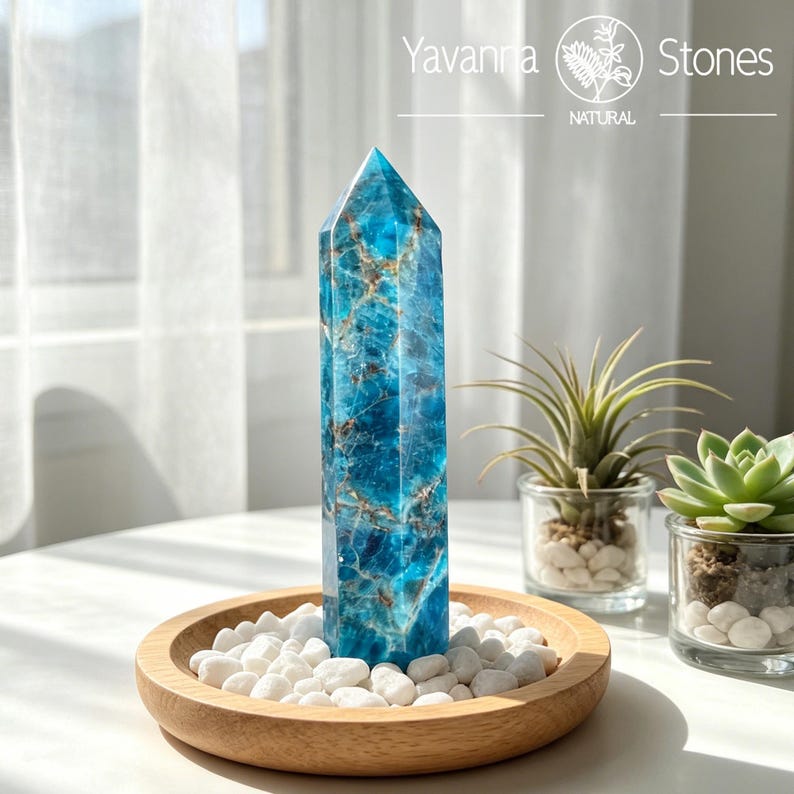 K&ouml;nnte beinhalten: Ein hoher, facettierter blauer Apatit-Kristallturm mit sichtbaren braunen Mineraleinschl&uuml;ssen, der aufrecht in einer flachen Holzschale mit kleinen wei&szlig;en Steinen steht, begleitet von zwei kleinen Glaspflanzgef&auml;&szlig;en mit Sukkulenten.