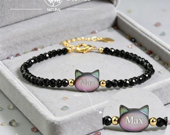 Black Spinel Cat Charm Bracelet – Dainty Beaded Gemstone Jewelry