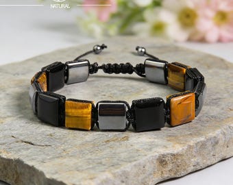 Edelsteenarmband met drievoudige bescherming, zwarte obsidiaan, tijgeroog, hematiet, verstelbare herenarmband