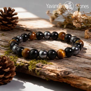 Armband met driedubbele bescherming kristal, zwarte obsidiaan, tijgeroog, hematiet