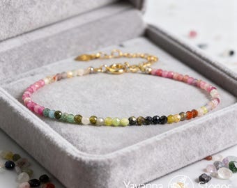 Rainbow Tourmaline Bracelet, Dainty Gemstone Crystal, Adjustable Jewelry