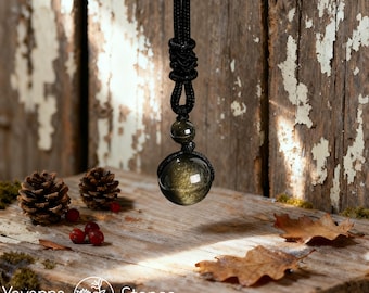 Gold Sheen Obsidian Pendant Necklace, Natural Gemstone Amulet, Energy Protection