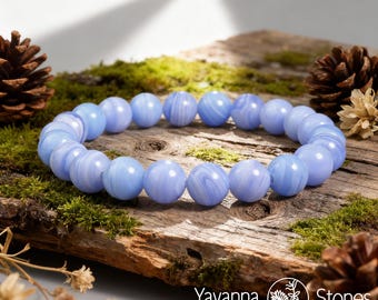 Blue Lace Agate Bracelet: Handmade 8mm Crystal Gemstone Stretch Jewelry