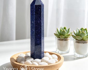 Blue Goldstone Tower Point – Polierter, funkelnder Heilkristall-Obelisk-Zauberstab