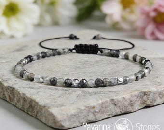 Black Tourmaline Rutilated Quartz Bracelet, Faceted Gemstone, Adjustable Stacking Bracelet