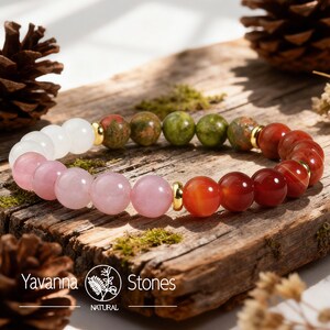 Multi-Gemstone Crystal Bracelet, Rose Quartz, Unakite, Carnelian, Moonstone, Red Jasper