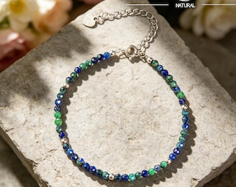 Natural Azurite Malachite Beaded Bracelet, 2mm Tiny Gemstone, Minimalist Women's Jewelry