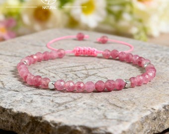Rosa turmalinarmband, fasetterade ädelstenspärlor, justerbart stapelarmband
