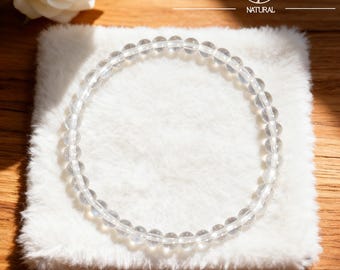 Clear Quartz Bracelet, Natural 4mm Round Gemstone Dainty Bracelet, White Healing Crystal Minimalist Jewelry