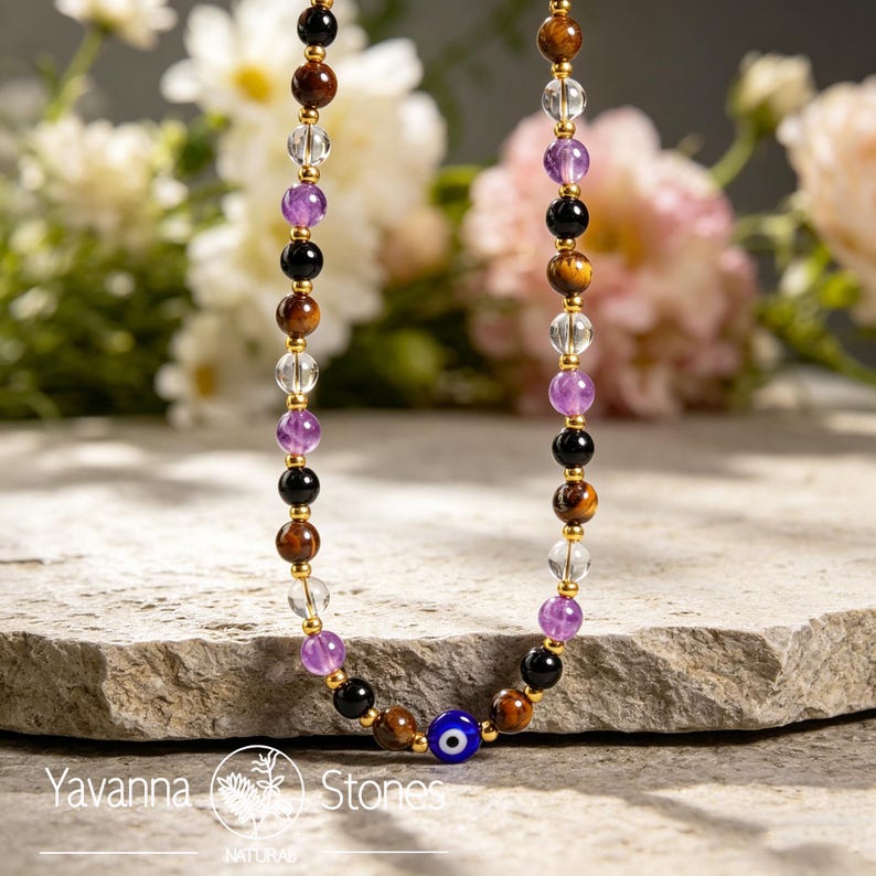 Evil Eye Protection Bracelet – Clear Quartz, Amethyst, Tiger Eye, Black Tourmaline image 12