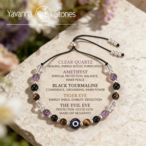 Evil Eye Protection Bracelet – Clear Quartz, Amethyst, Tiger Eye, Black Tourmaline Bracelet-Silver