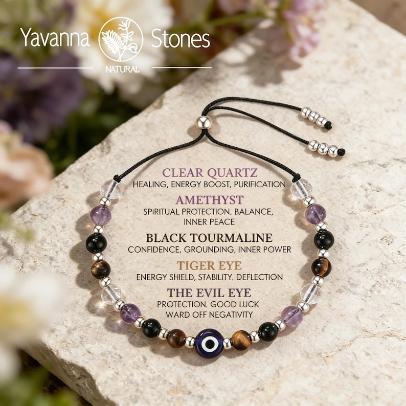 Evil Eye Protection Bracelet – Clear Quartz, Amethyst, Tiger Eye, Black Tourmaline Bracelet-Silver