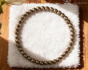 Natural Pyrite Bracelet, 4mm Round Gemstone Dainty Bracelet, Healing Crystal Stacking Jewelry, Gift for Him
