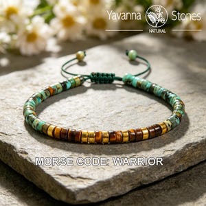 Bransoletka z turkusem i tygrysim okiem w kolorze afrykańskim z kodem Morse'a – przesłanie „WARRIOR” – kryształ leczniczy dla mężczyzn