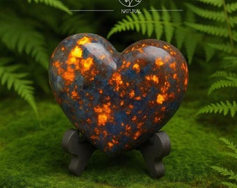 Yooperlite Heart Stone, UV Reactive Flame Gemstone, Polished Palm Stone