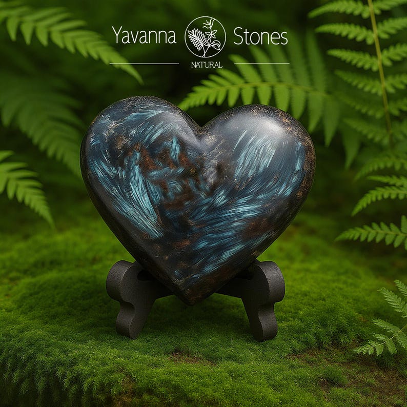 May include: A heart-shaped stone with blue and brown veining, displayed on a small black stand. The stone is set against a backdrop of green moss and fern leaves. The text "Yavanna Stones NATURAL" is visible.