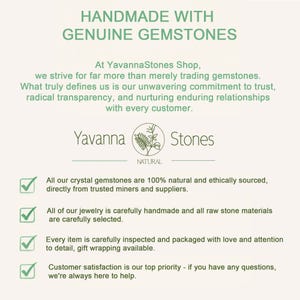 May include: Cream-colored graphic with the text "HANDMADE WITH GENUINE GEMSTONES" at the top. The Yavanna Stones logo is in the center, with text below detailing the shop's commitment to quality and customer satisfaction.