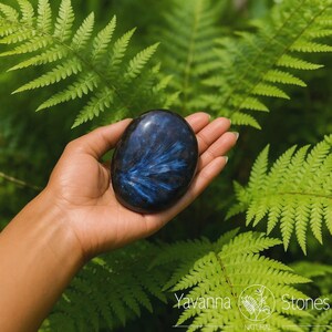 May include: A smooth, oval stone with a dark blue hue and a distinctive, radiating pattern of light blue lines. The stone is held in a hand against a backdrop of green fern leaves. The text "Yavanna Stones NATURAL" is visible.