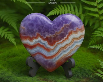 Amethyst Mexican Lace Agate Heart: Natural Crystal Palm Stone, 6-8cm