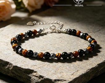 Tiger's Eye Obsidian Hematite Bracelet, Triple Protection Gemstone Jewelry