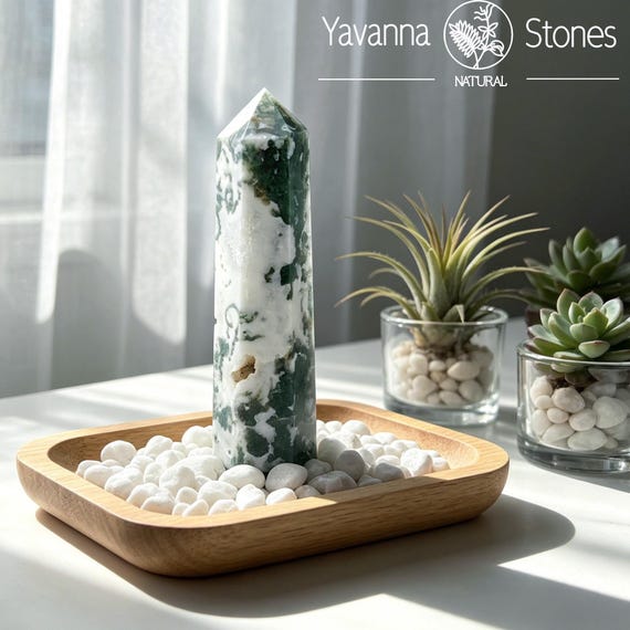 Green Moss Agate Tower, Polished Crystal Obelisk, Home Decor