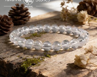 Bracelet quartz transparent, perles de cristal rondes de 8 mm, bracelet extensible pierres précieuses
