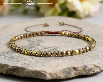 Dainty Pyrite Crystal Bracelet, 3mm Gemstone, Adjustable Prosperity Jewelry
