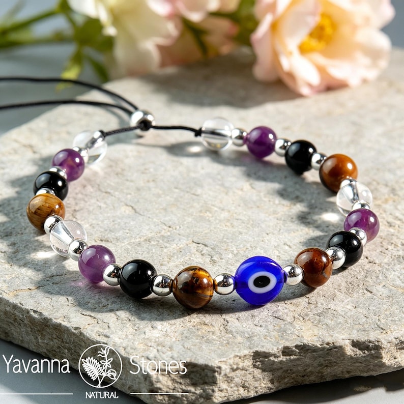 Evil Eye Protection Bracelet – Clear Quartz, Amethyst, Tiger Eye, Black Tourmaline image 8