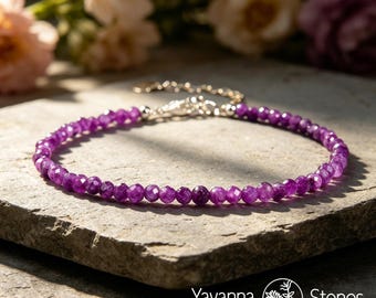 Dainty Amethyst Bracelet, 3mm Natural Purple Gemstone, February Birthstone