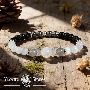 Black Obsidian Hematite Labradorite Selenite Stretch Bracelet Moon Phase Crystal Lunar Energy Jewelry