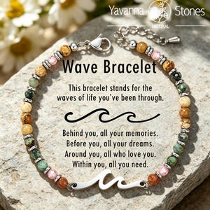 May include: A beaded Wave Bracelet with a silver-tone wave charm. The bracelet features a mix of colorful beads in shades of brown, green, pink, and cream. Text on the image reads "Wave Bracelet" and a message about life's journey.