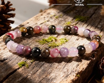 Regenboog toermalijn stretcharmband, natuurlijke 6 mm ronde edelsteenkralenarmband, veelkleurige edelsteen oktober geboortesteensieraden