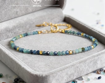 Blue Tourmaline Bracelet, 2mm Gemstone Beads, Adjustable Healing Jewelry