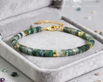 Moss Agate Tube Bead Bracelet, Gold Accent, Minimalist Jewelry