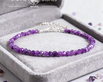 Dainty Amethyst Bracelet, 3mm Natural Purple Gemstone, February Birthstone