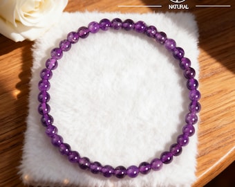 Amethyst Bracelet, Natural 4mm Round Gemstone Dainty Bracelet, Purple Crystal Healing Jewelry