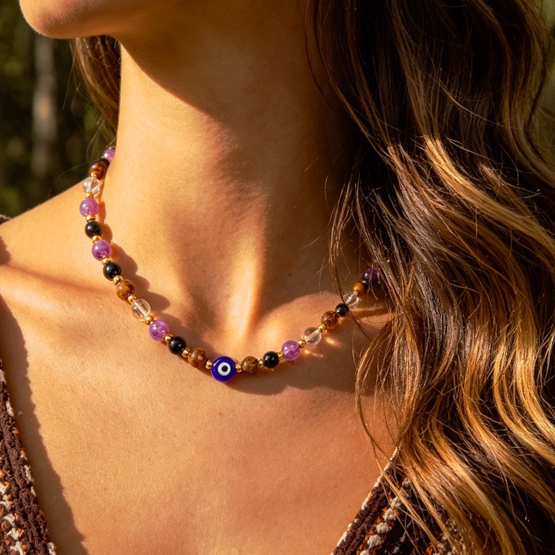 Evil Eye Protection Bracelet – Clear Quartz, Amethyst, Tiger Eye, Black Tourmaline Necklace-Gold