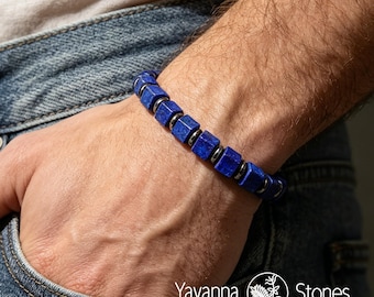 Lapis Lazuli Bracelet, Natural 6mm Blue Crystal Gemstone Square Beads Men's Jewelry, Gift for Him